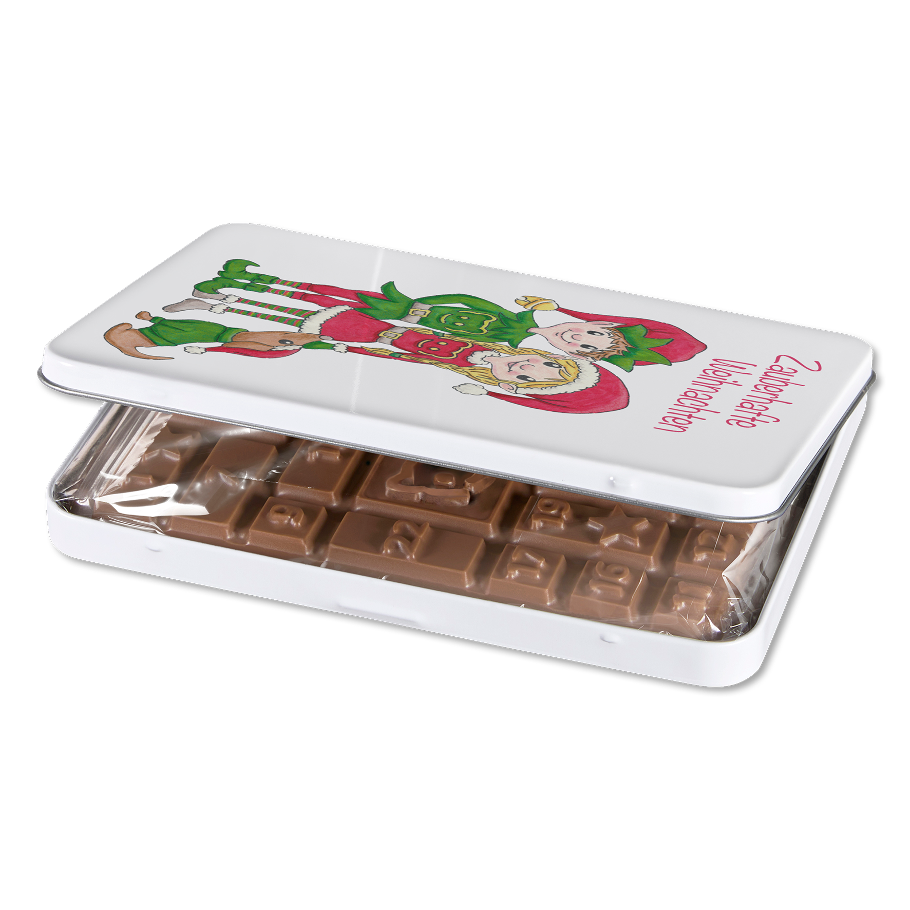Adventskalender-Schokotafel in Geschenkdose „Weihnachts-Wichtel“