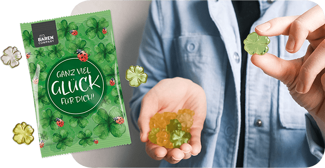 Empfehlungsbild_Specials_Formenvielfalt_Kleeblatt Fruchtgummi Viel Glueck mit Tuete Empfehlungsbild_Specials_Formenvielfalt_Kleeblatt Fruchtgummi Viel Glueck mit Tuete