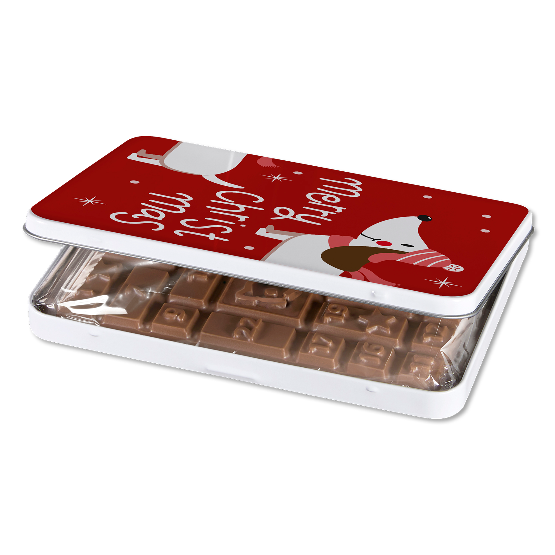 Adventskalender-Schokotafel in Geschenkdose „Festtagsdackel"