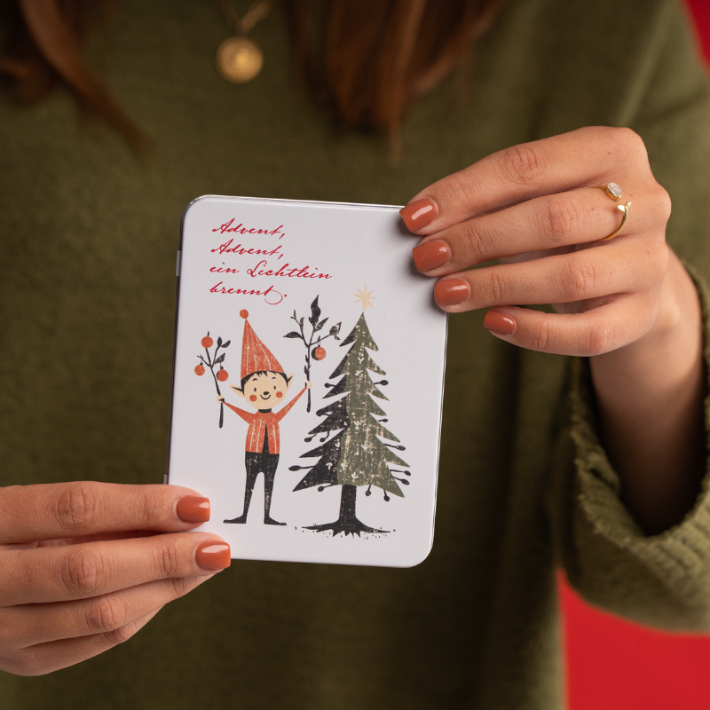 Adventskalender-Schokotafel in Geschenkdose „Advent, Advent“