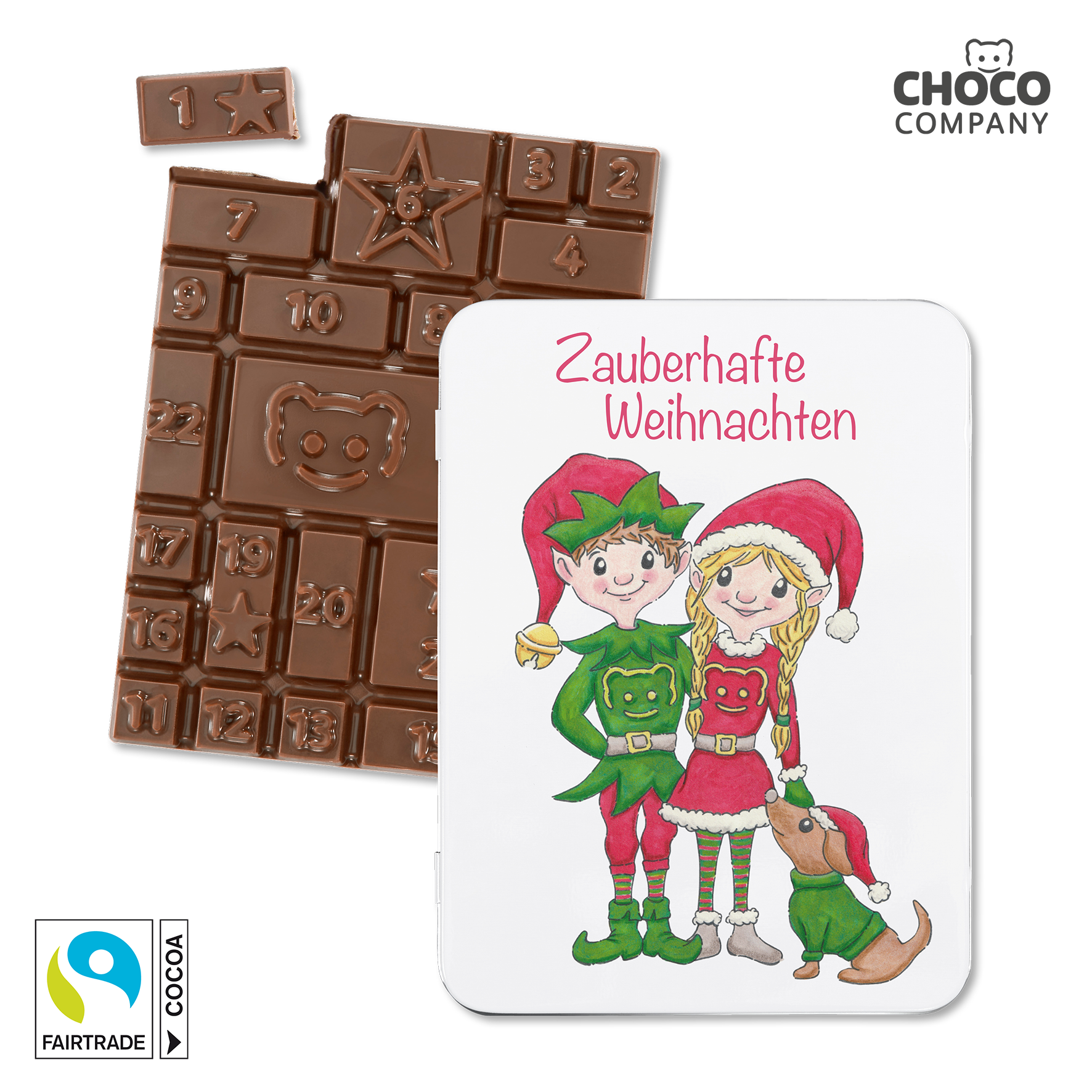 Adventskalender-Schokotafel in Geschenkdose „Weihnachts-Wichtel“