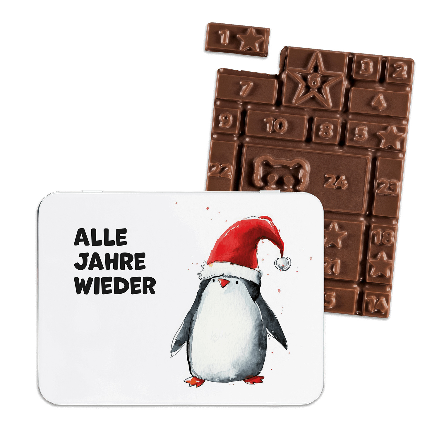 Adventskalender-Schokotafel in Geschenkdose "Alle Jahre wieder" Adventskalender-Schokotafel in Geschenkdose "Alle Jahre wieder"