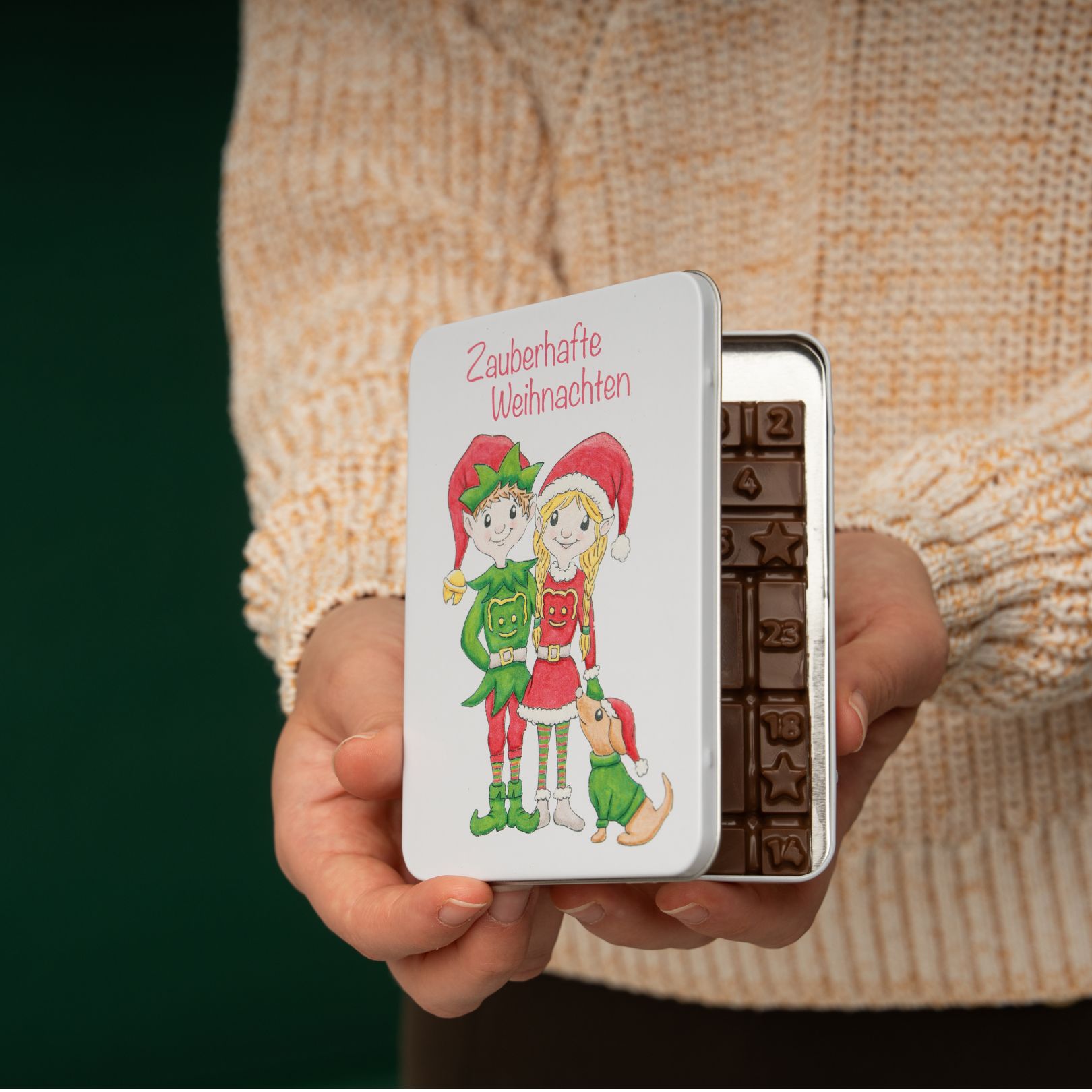 Adventskalender-Schokotafel in Geschenkdose „Weihnachts-Wichtel“