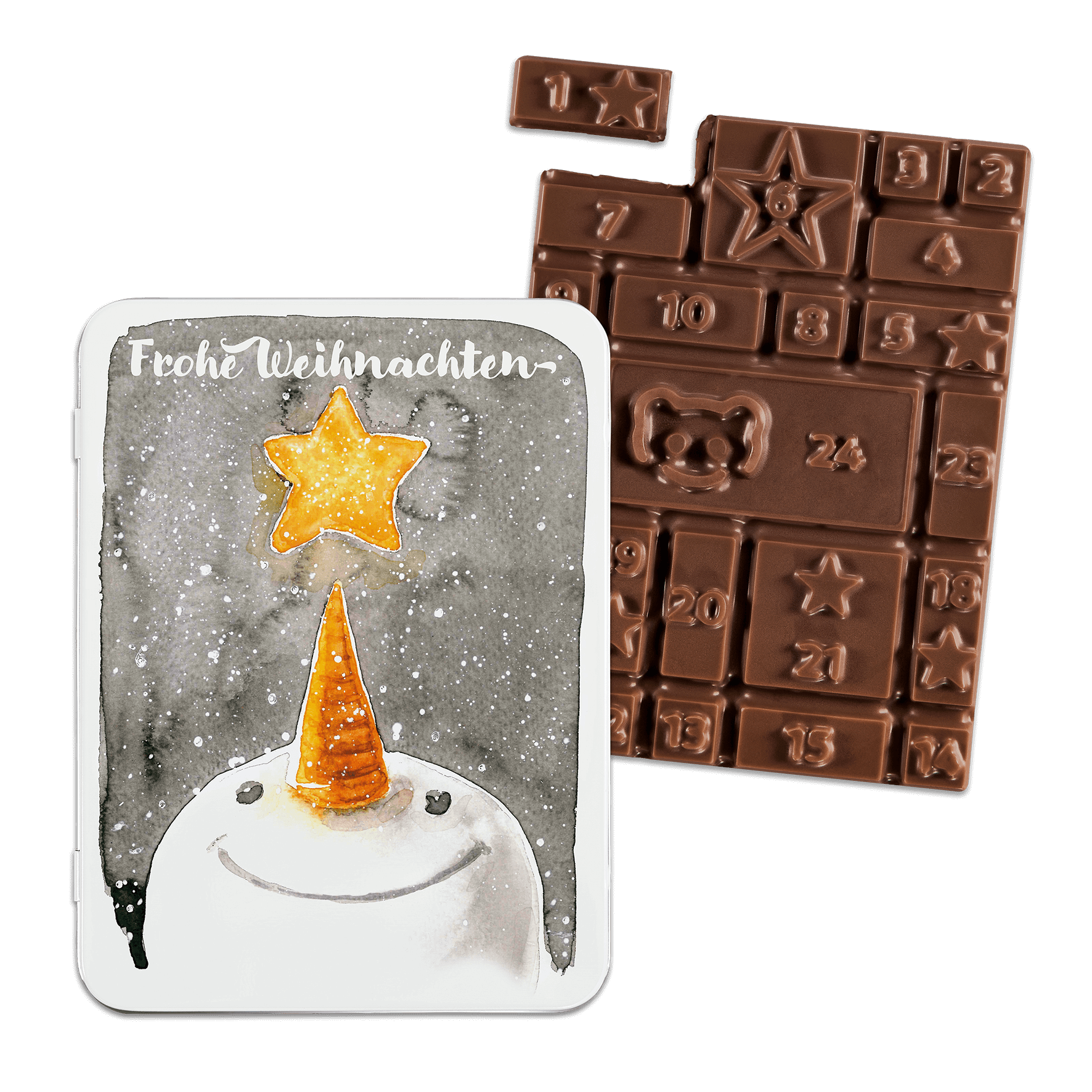 Adventskalender-Schokotafel in Geschenkdose „Schneemann"