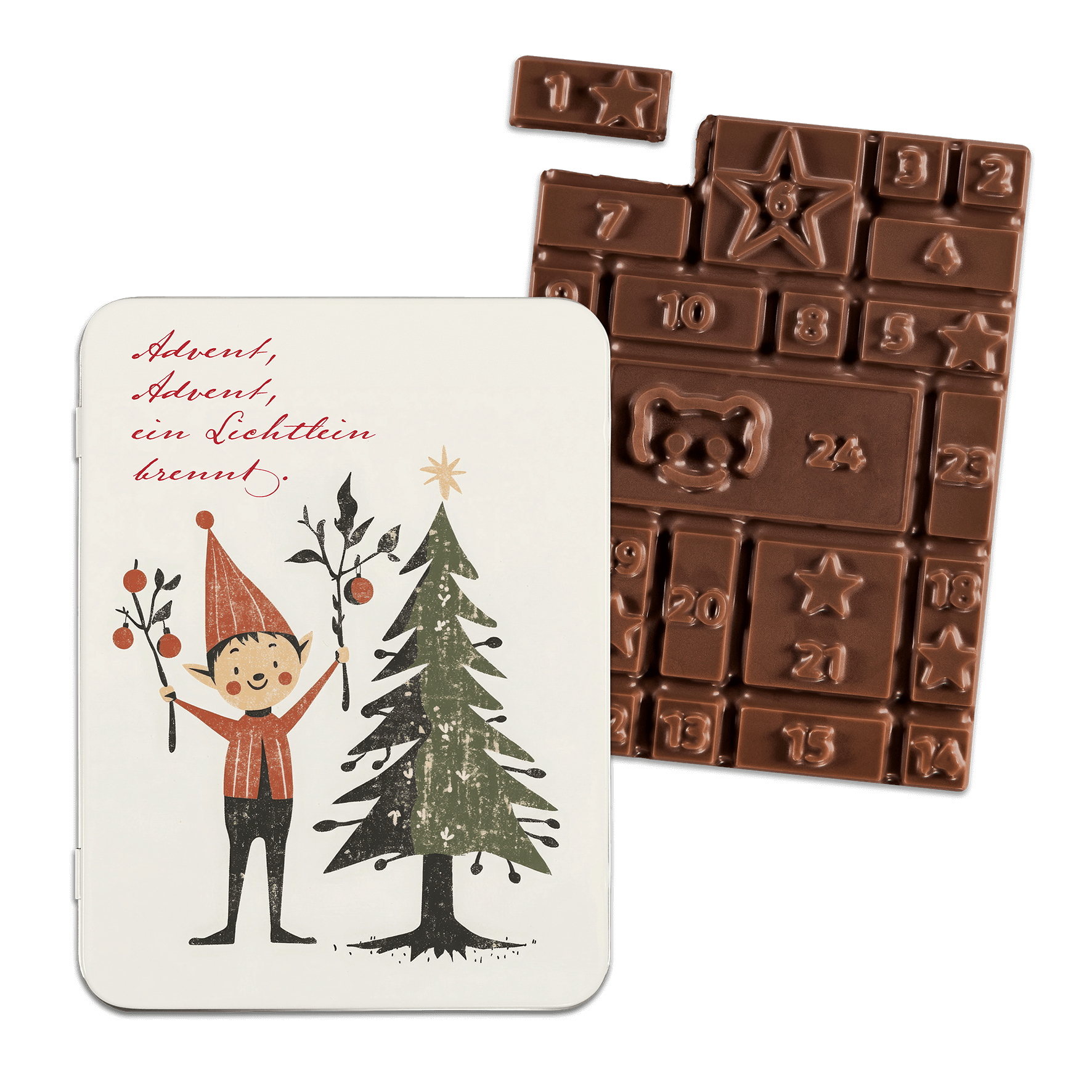 Adventskalender-Schokotafel in Geschenkdose „Advent, Advent“ Adventskalender-Schokotafel in Geschenkdose „Advent, Advent“