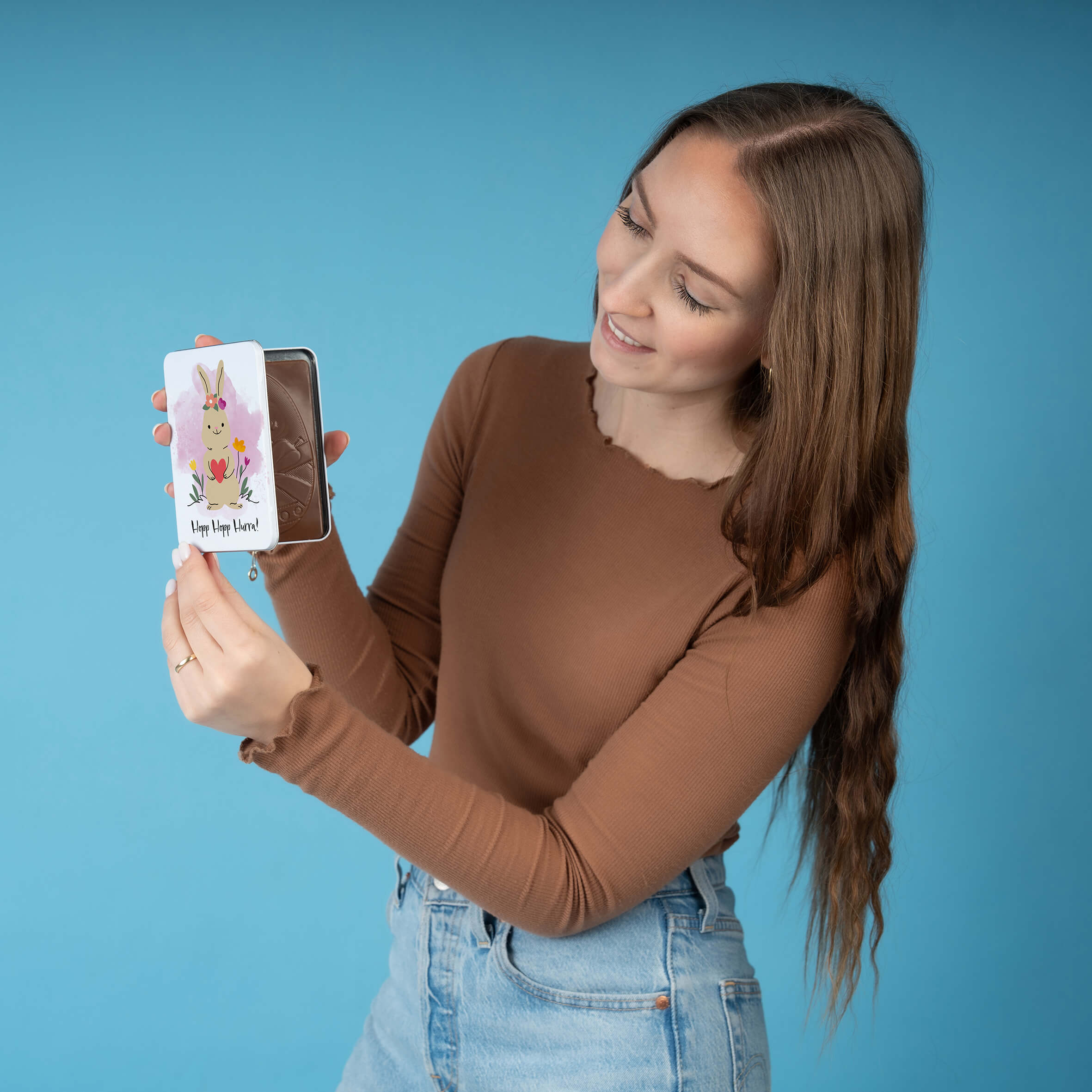 Oster-Schokotafel in Geschenkdose "Hopp Hopp Hurra"